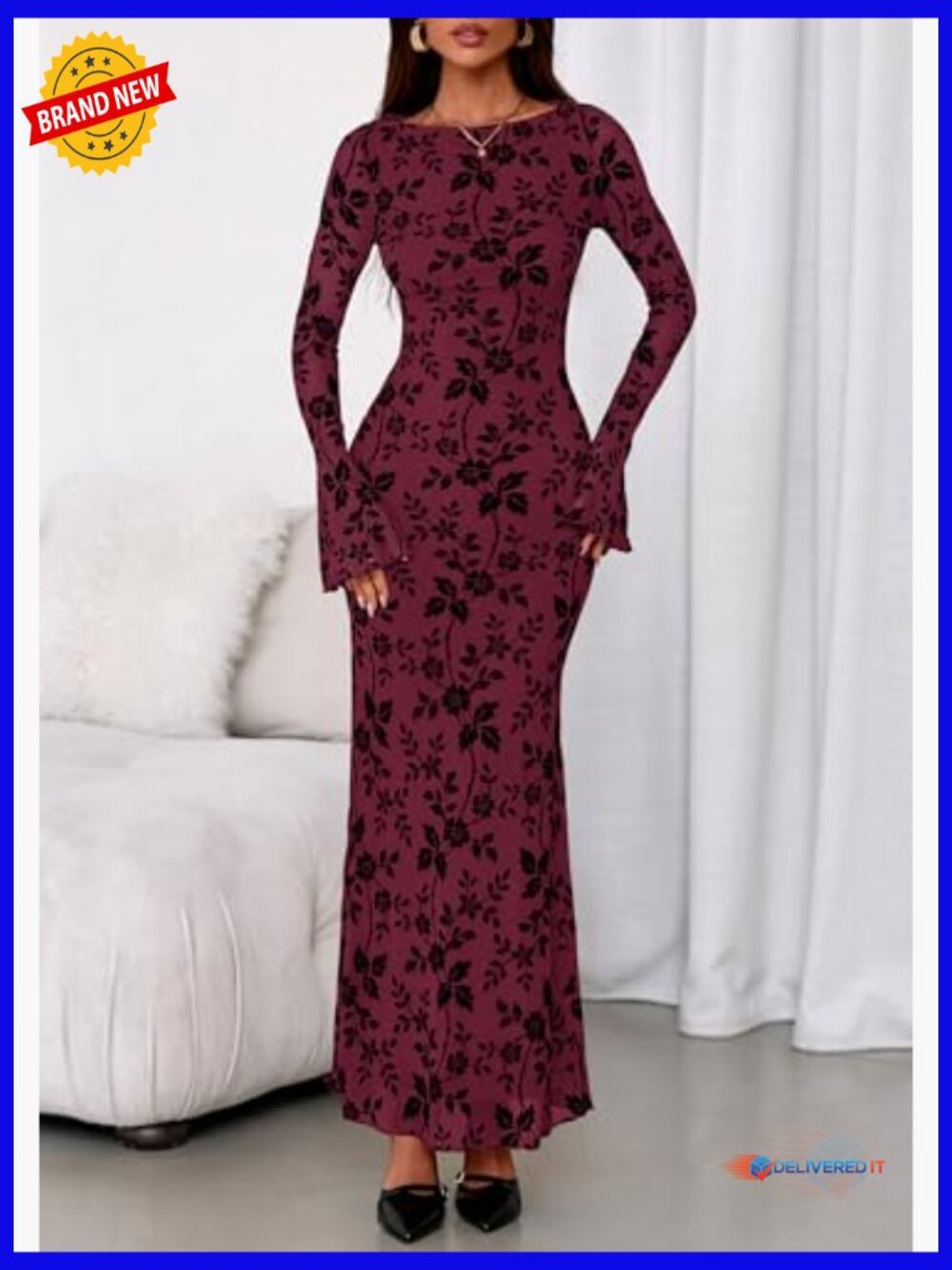 Floral Bodycon Maxi Dress Long Sleeve Boat Neck Stretch Formal - Picture 3 of 7